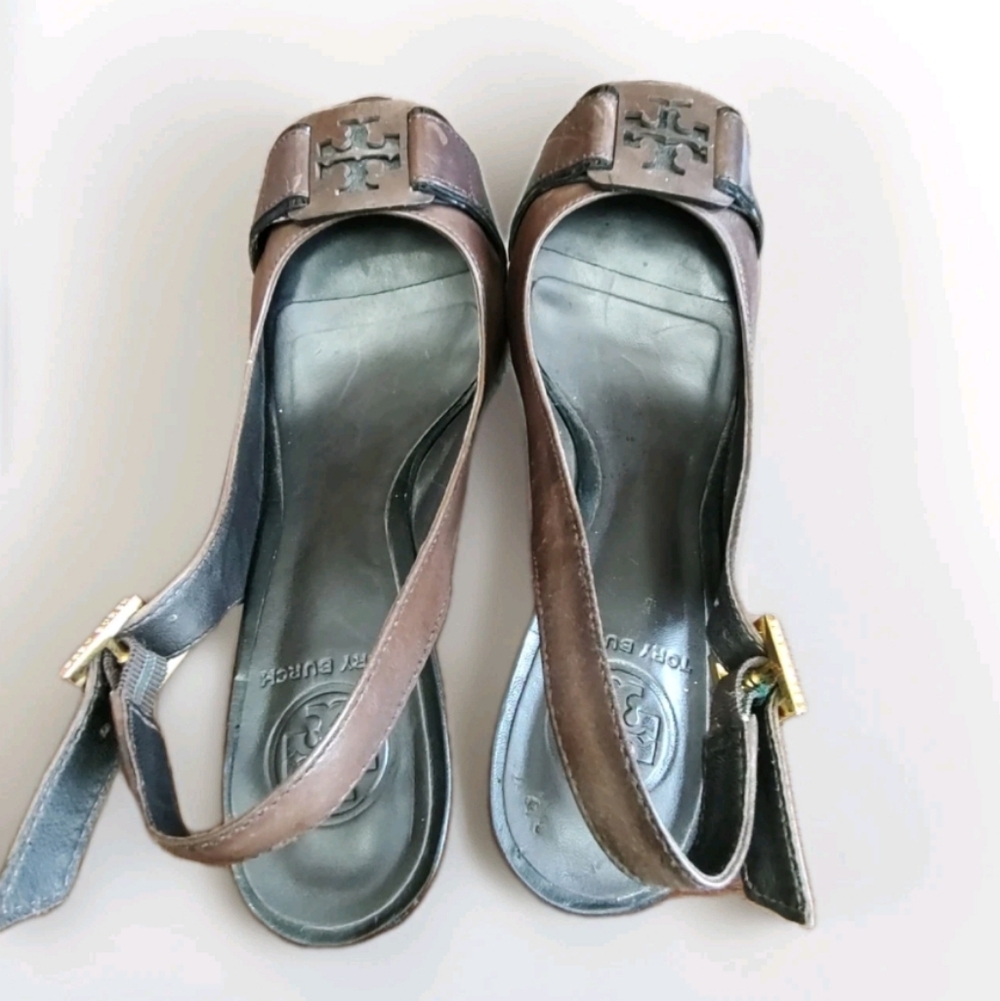 Tory Burch Womens 7M Peep Toe Slingback High Heels Tennyson Brown Leather Pump - Picture 4 of 12